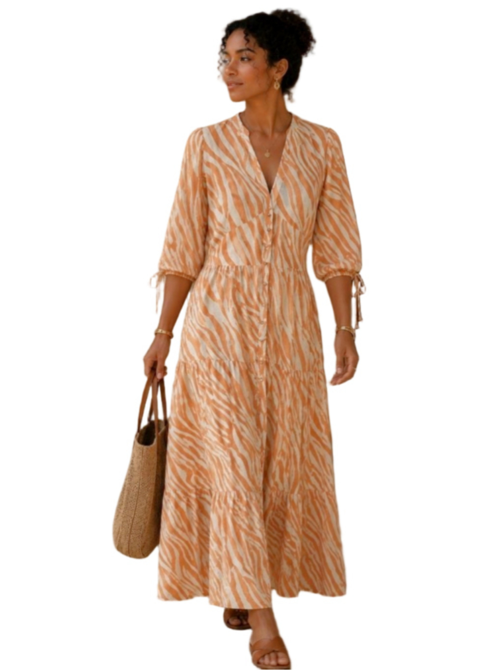 Kivari Soraya Linen Tiered Maxi Dress in Watercolor Zebra Print - Size 4 (M)